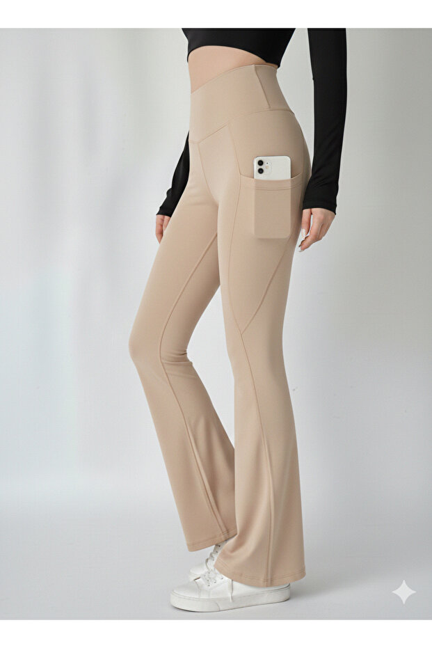 Women's Brown High Waist Shaping / Sculpting Double Pocket Flared Leggings