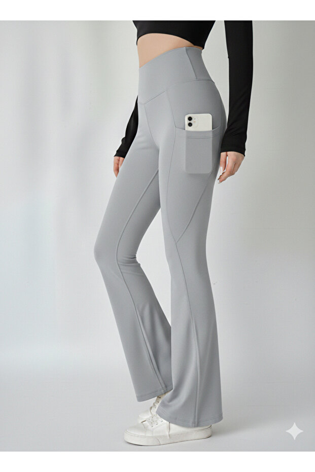 Women's Gray High Waist Shaping / Sculpting Double Pocket Flared Leggings