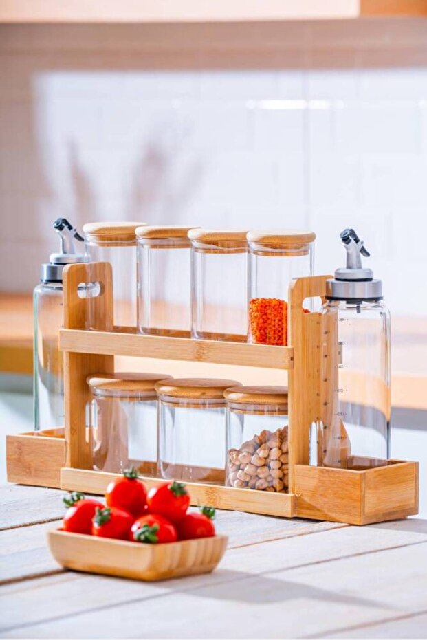 Malibu 9-Piece Borosilicate Glass Spice Jar Set with Bamboo Stand Lnd-07578