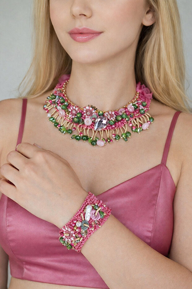 Handmade,Women'S,Necklace and Bracelet Suit with Collar,Needlework Crystal Bead Sand Bead