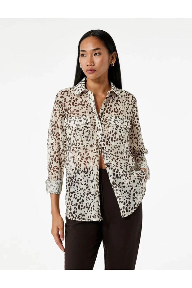 Long Sleeve Leopard Print Chiffon Shirt with Pockets