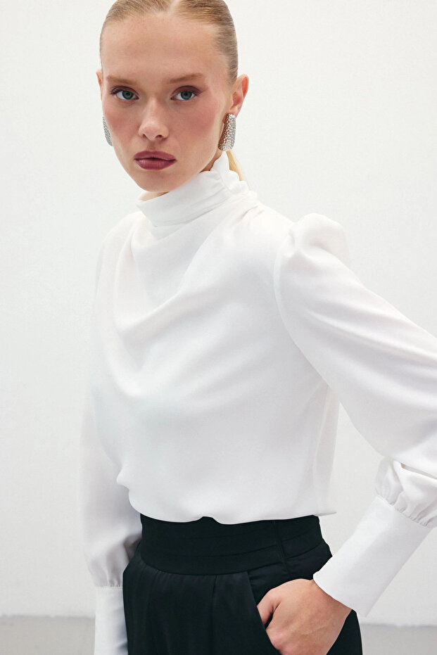 Drape Detaylı Bluz - Ekru - 6