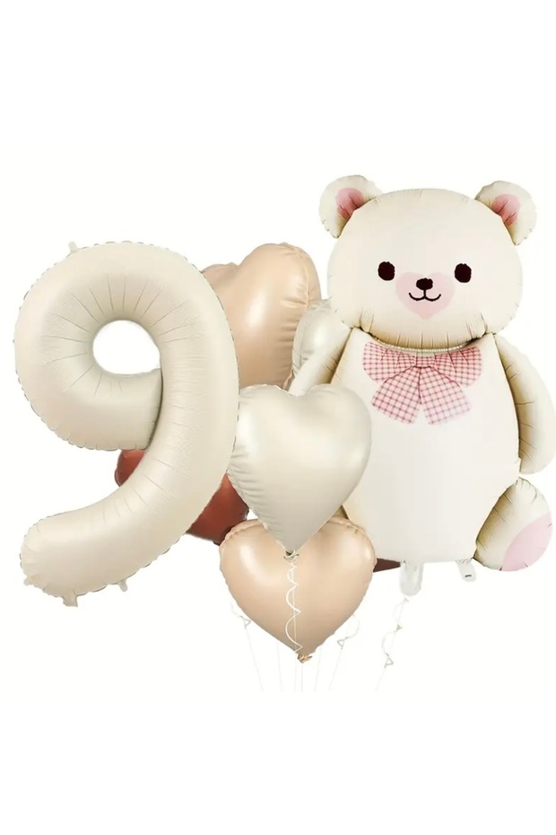 Party 5 Piece Birthday Concept with Number Foil Balloons and Teddy Bears