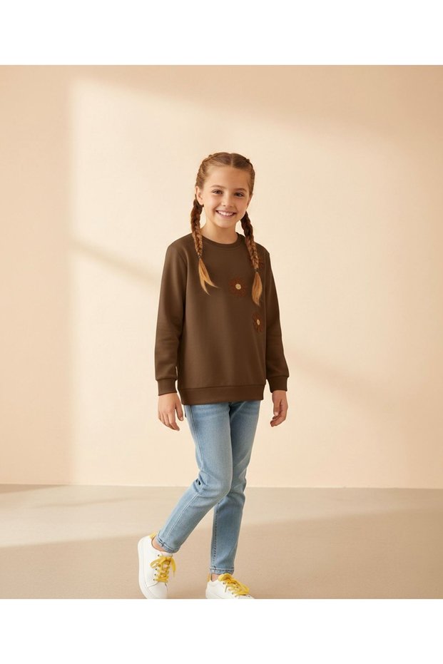 My Little Girl's Pul Flower Embroidered Girl's Sweatshirt - Brown