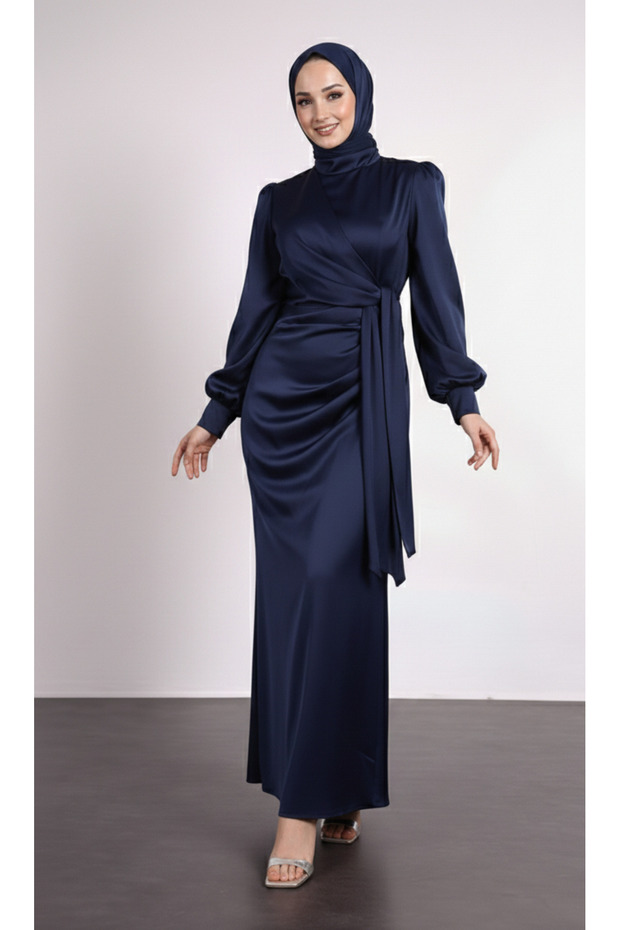 Side Tie Pleat Detail Satin Evening Dress Navy Blue