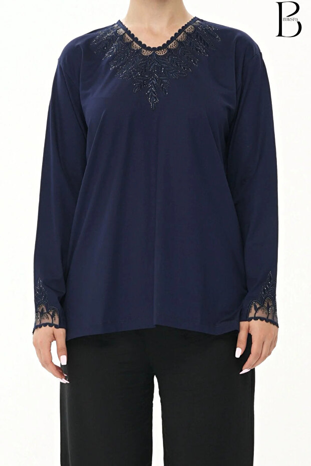 Dark Navy Blue Mother Combed Cotton Blouse with Tulle Detail on Collar and Sleeve End and Stone Embroidery