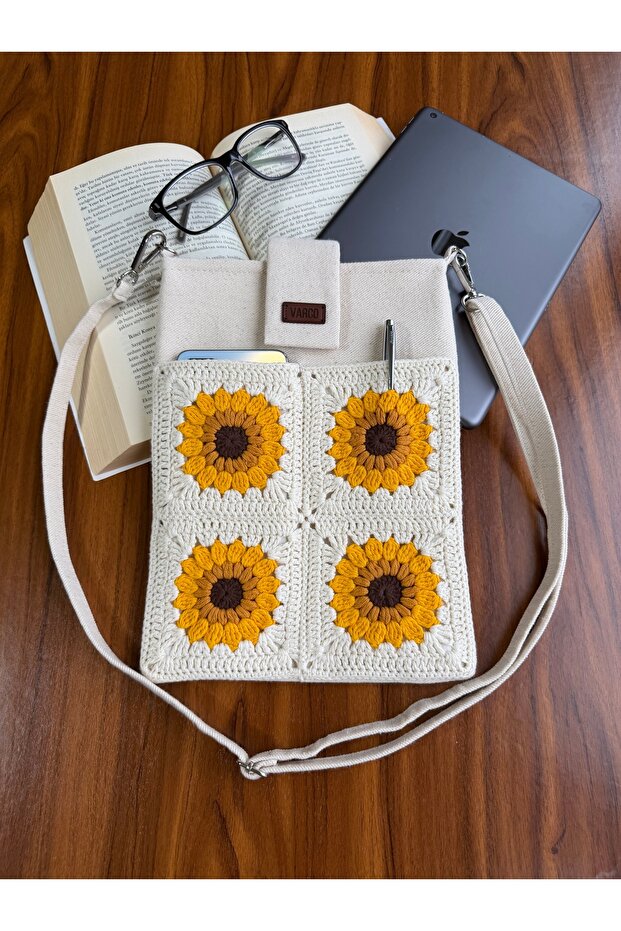 Handmade Sunflower Patterned Motif Lined Women's Tablet Bag Book Bag with Carrying Strap and Pockets