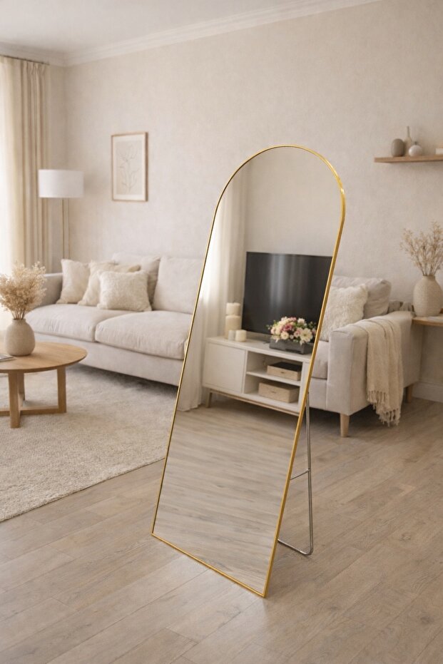 CLNK ALTIN Kaplama Metal Çerçeveli 180x60 Hafif Tasarım Kırılıma Karşıtı Ayaklı Boy Aynası