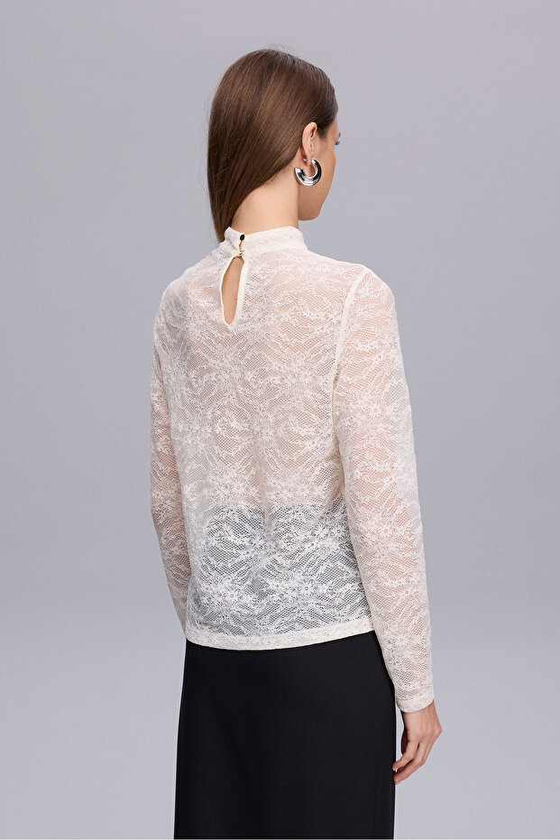 Dik Yaka Krem Dantel Bluz - 3