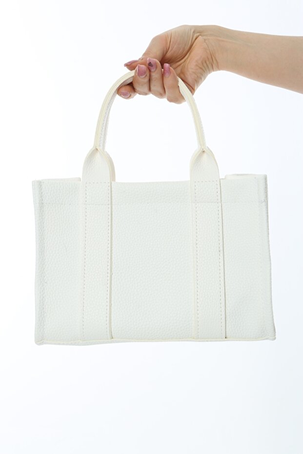 Beyaz Deri Mini Tote Çanta - 4