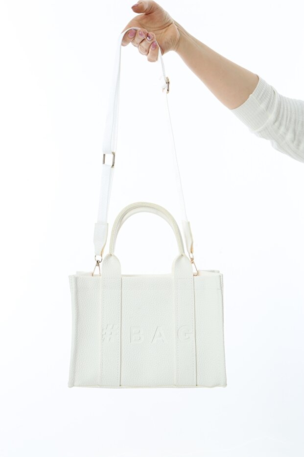 Beyaz Deri Mini Tote Çanta - 8