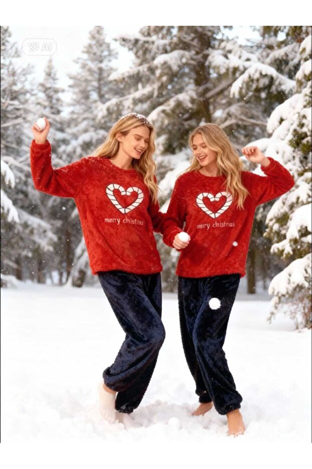 Red Navy Blue Heart Cane Candy Weloft Plush Soft Women's Pajama Set