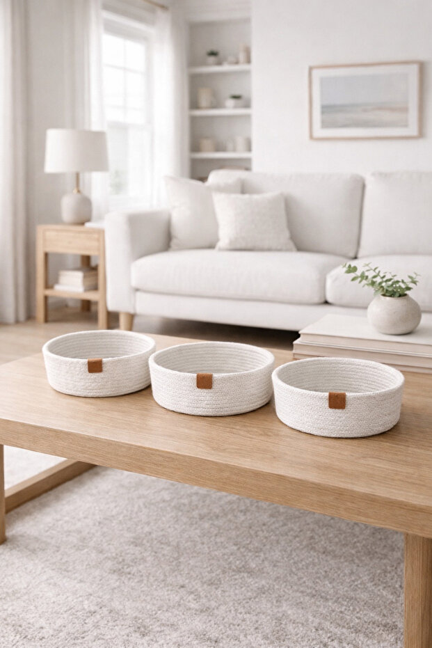 White Stitched Cotton 3-Piece Basket Set – Organizer, Table, Tv, Coffee Table, Tableware and Home Organizer
