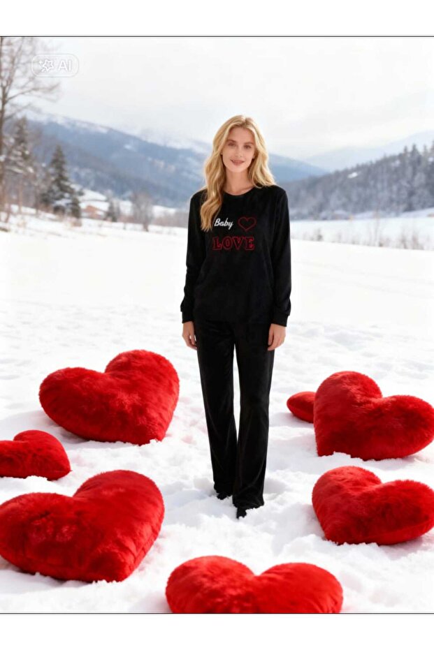 Black Velvet Soft Crew Neck Women's Pajama Set Valentine's Day Special Gift