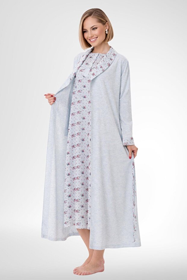 Mecit 6312 Blue Women's Plus Size Dressing Gown Nightgown Set