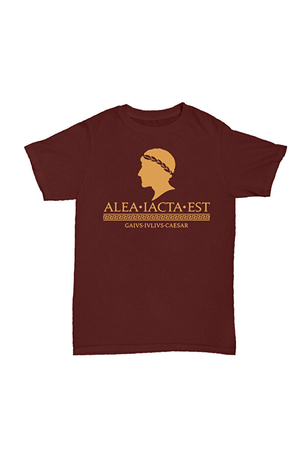 تي شيرت ROMA ALEA IACTA EST Caesar مطبوع باللون الأحمر الداكن للجنسين