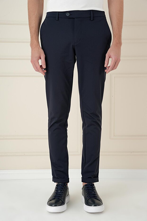 Comfort Fit Elastic Waist Flexible Casual Navy Blue Trousers P 1173