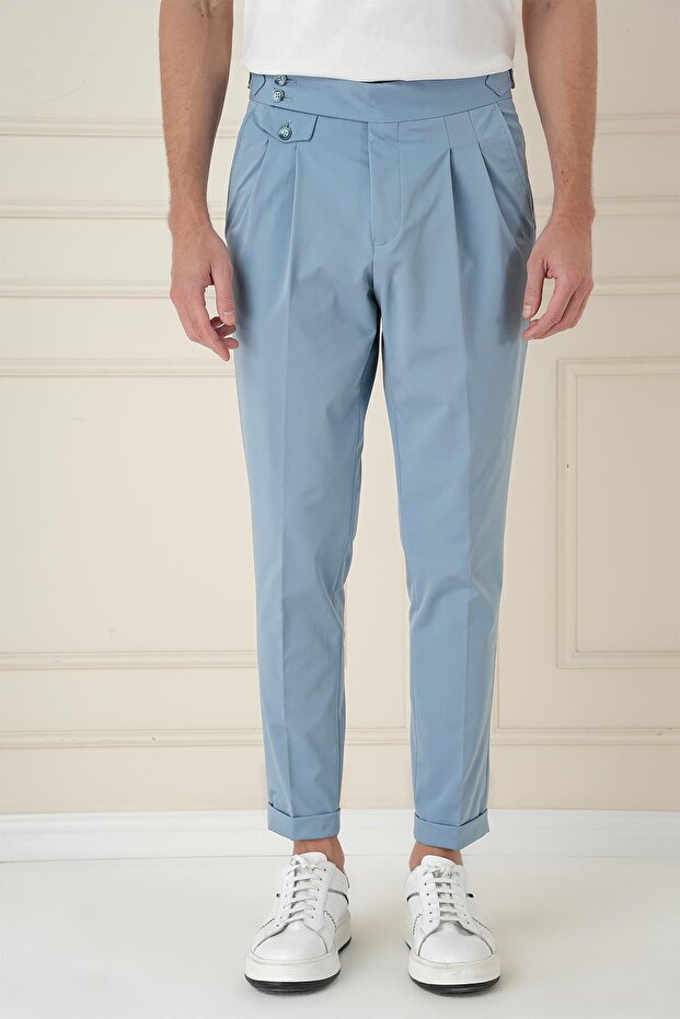 Comfort Fit Double Pleated Aviator Blue Jogger Pants with Buckle Waist P 1172