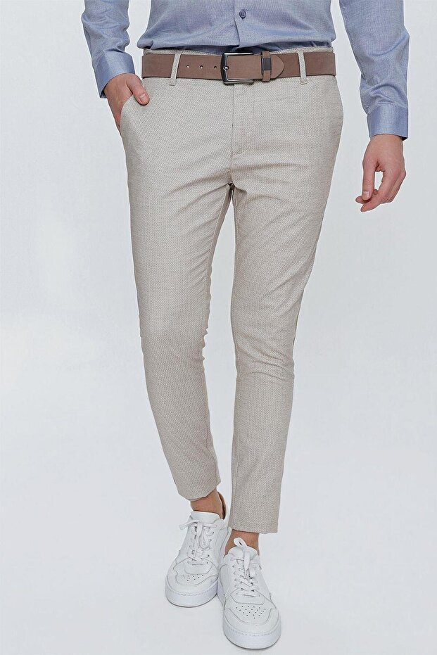 Men's Slim Fit Narrow Fit Cotton Beige Trousers P 1111