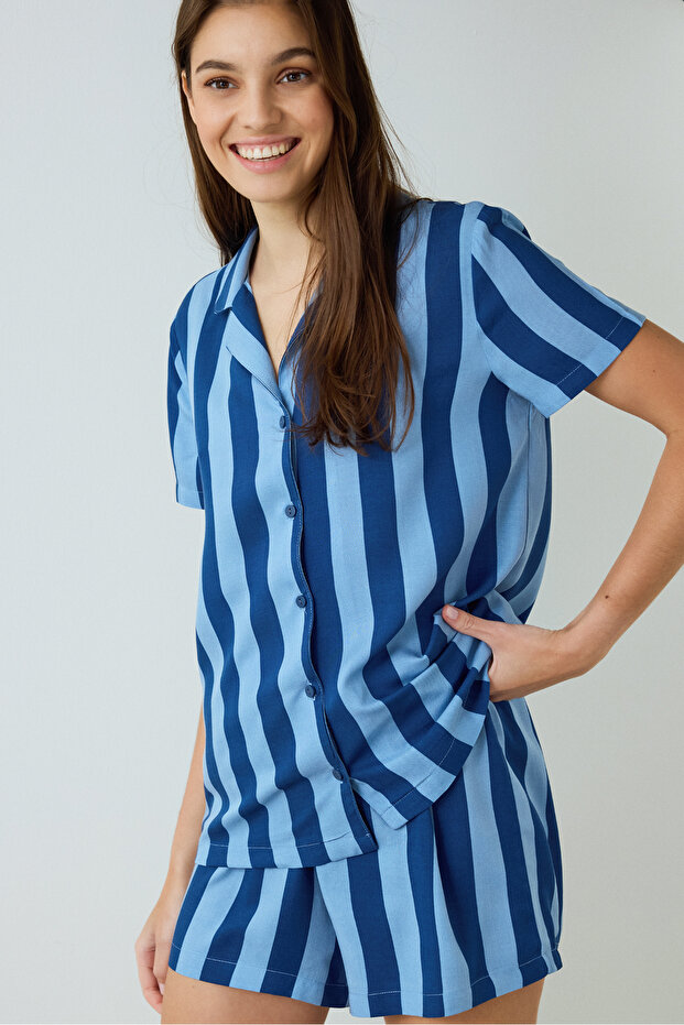 Blue into the Blue Striped Shirt Collar Short Sleeve Shirt Shorts Pajamas Set
