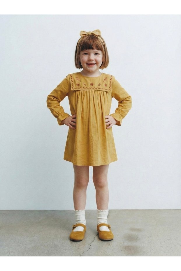 Girl's 100% Cotton Long Sleeve Dress Mustard 3–9 Years |   Rg1712