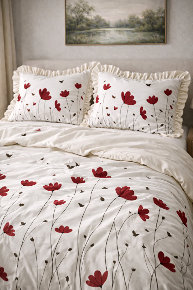 Double Ruffled Spring Breeze Poppy 100% Cotton Duvet Cover Set Ecru Red