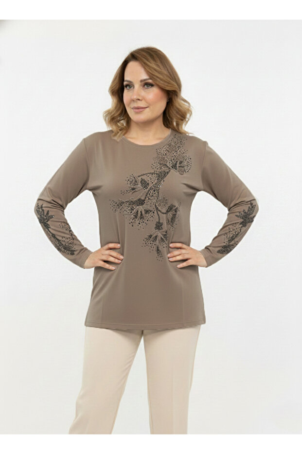 Women's Mink Leaf Patterned Stoned Slit Lycra Viscose Mother Combed Cotton Blouse