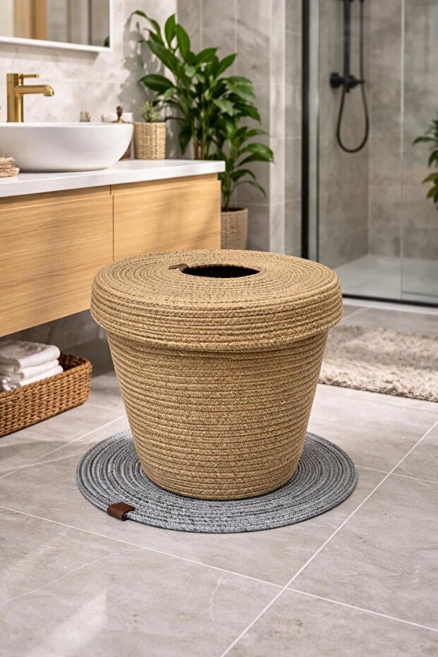 Modern Trash Can with Jute Straw Lid, Shoe Basket, Sock Basket, Paper Trash Basket. Decorative Basket.