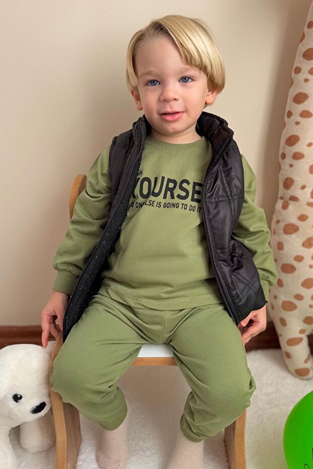 Donino Boys' Tracksuit Set Text Printed Square Micro Vest Set 2-5 Years Old, Khaki Green