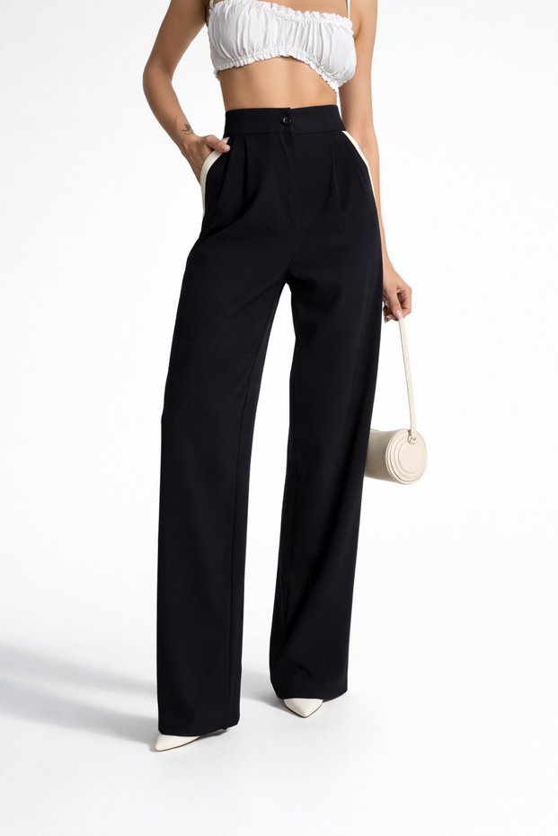High Waist Black Palazzo Pants with White Stripe on Sides