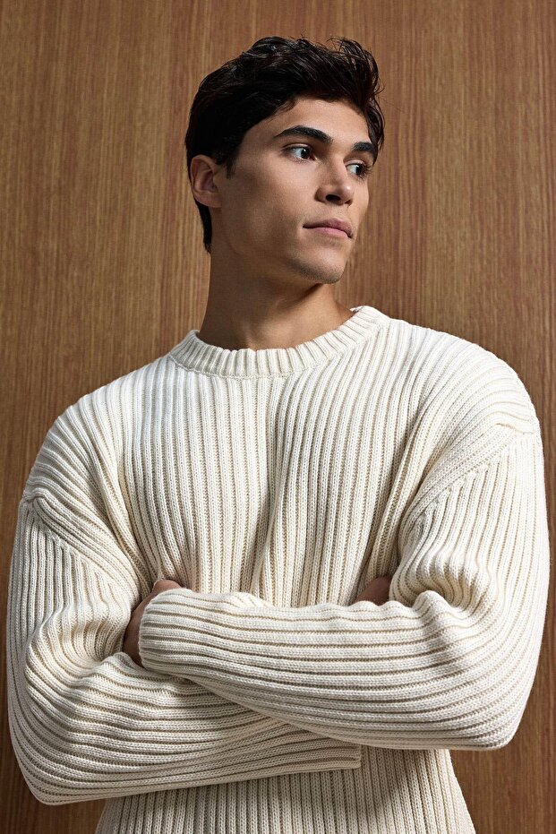 Erkek Oversize Fitilli Basic Triko Kazak Bej - 2