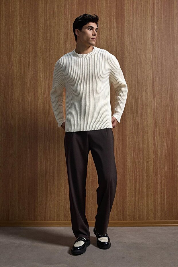 Erkek Oversize Fitilli Basic Triko Kazak Bej - 4