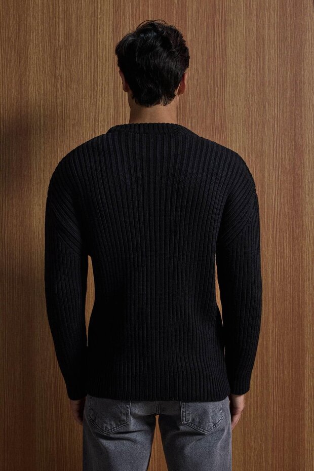 Erkek Oversize Fitilli Basic Triko Kazak Siyah - 4