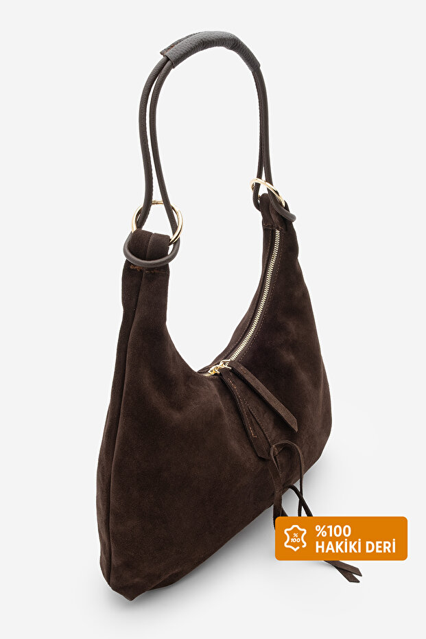 Women's Genuine Leather Shoulder Bag with Zippered Inner Pocket, Ronagi Brown Suede