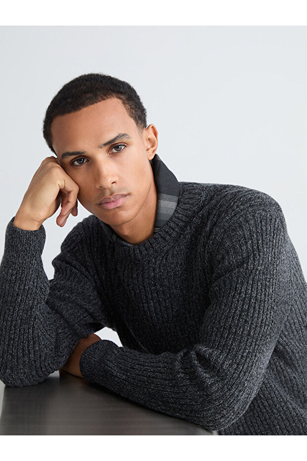 Lcw Vision Anthracite Crew Neck Wool Blend Men's Knitwear Sweater