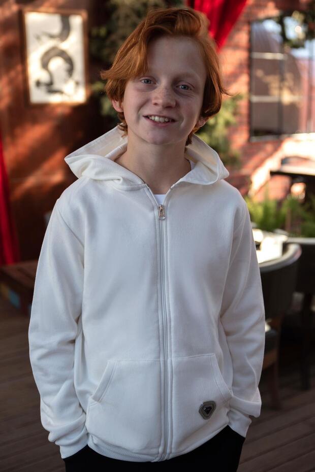 Boy's Cardigan with Zipper and Letter Emblem, Ages 8-12, Ecru