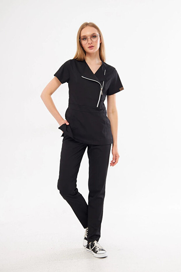 Kıev - Black Straight-Leg Modern And Stylish Double-Breasted Zipper-Closure Doctor And Nurse Uniform Scrubs