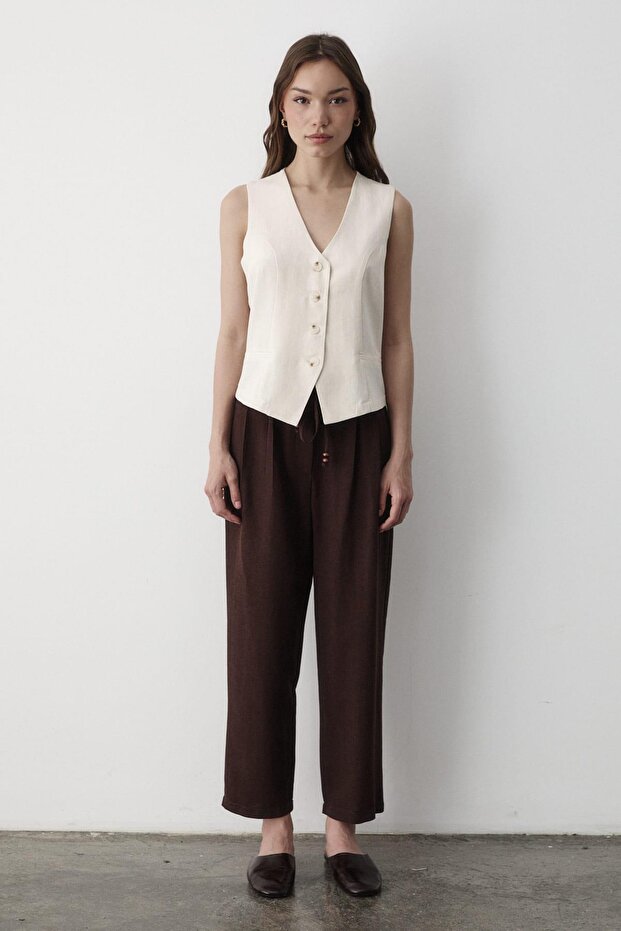Women's Lined Button Detailed Linen Vest Natural