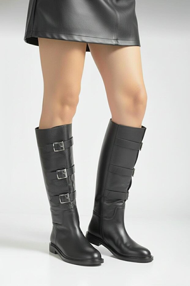 Large Size Women's Genuine Leather Boots 41-42-43-44-Black Leather