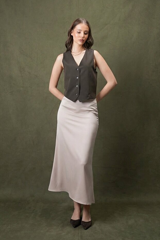 Yüksek Bel Basic Saten Etek - 3