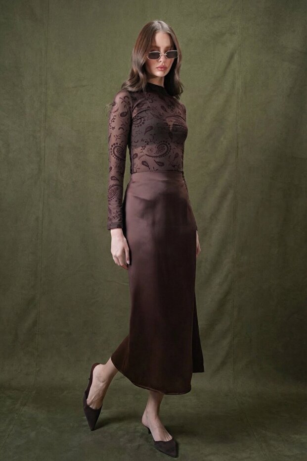 Yüksek Bel Basic Saten Etek - 4