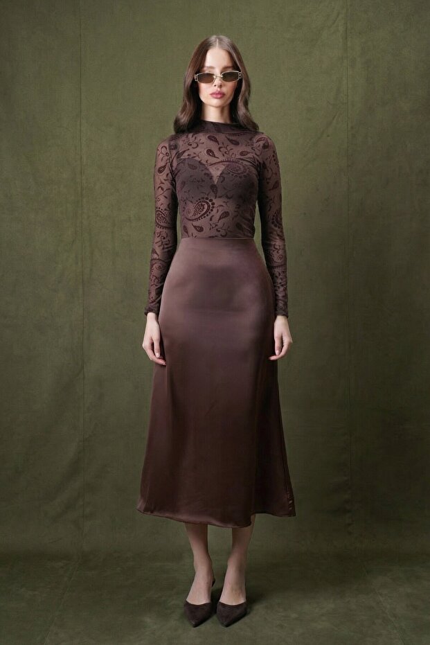 Yüksek Bel Basic Saten Etek - 1