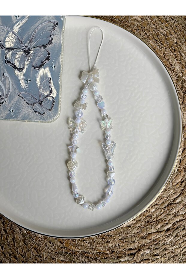 Coquette Design White Phone Charm, Handmade Phone Lanyard, White Pearl Edition