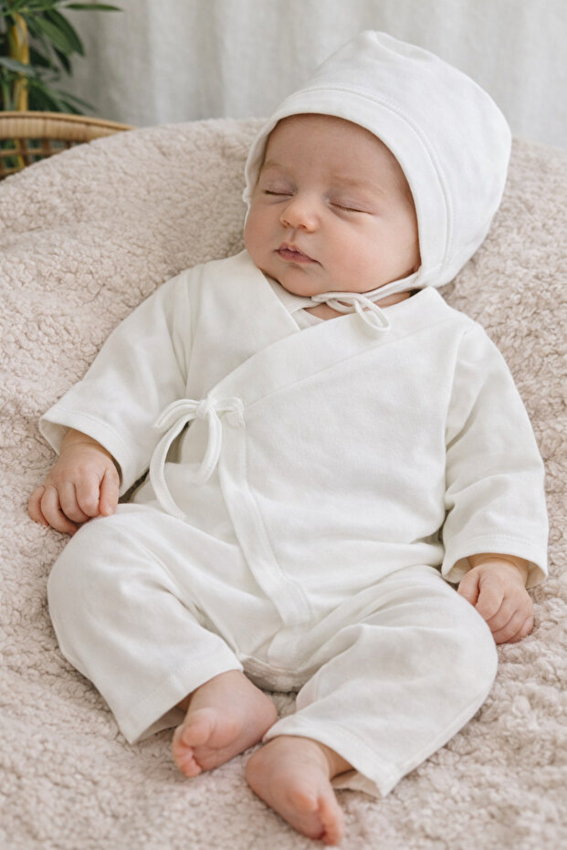 Newborn Hospital Discharge Kimono Romper Hat Gloves Set