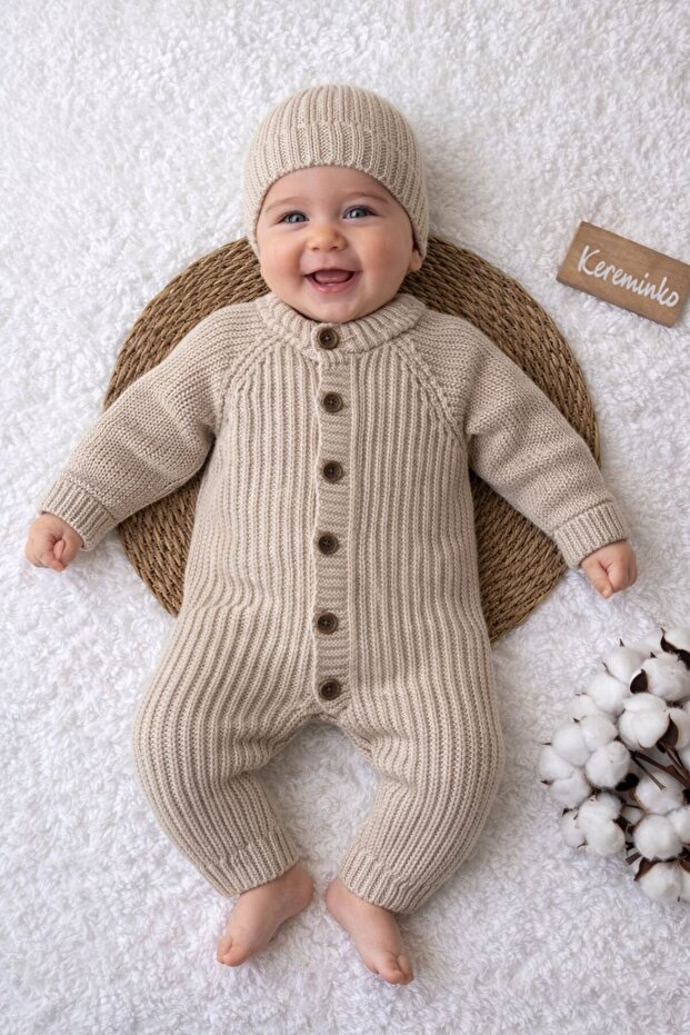Buttoned Beige Thessaloniki Knitted Baby Romper with Hat 3-6, 6-9, 9-12 Months
