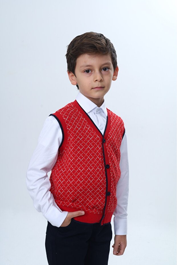 سترة تريكو بأزرار على شكل حرف V للأولاد - منقوشة بشكل مائل - 4