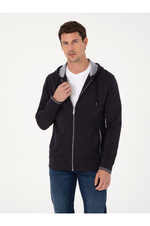 Navy Blue Regular Fit Cotton Blend Full Zip Hooded Sweatshirt 50318867-Vr033