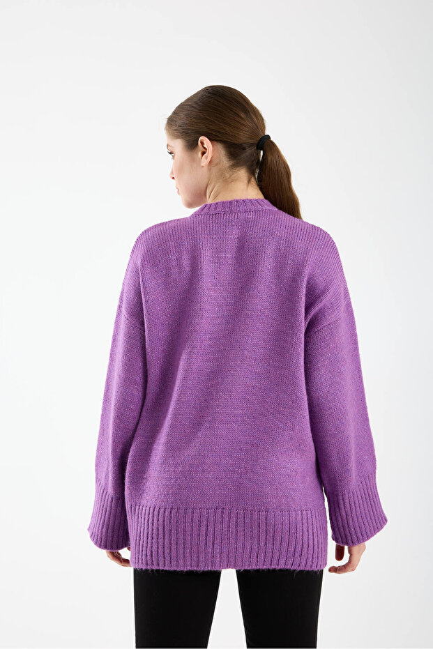 Oversize Basic Açık Mor Uzun Kadın Kazak - 6