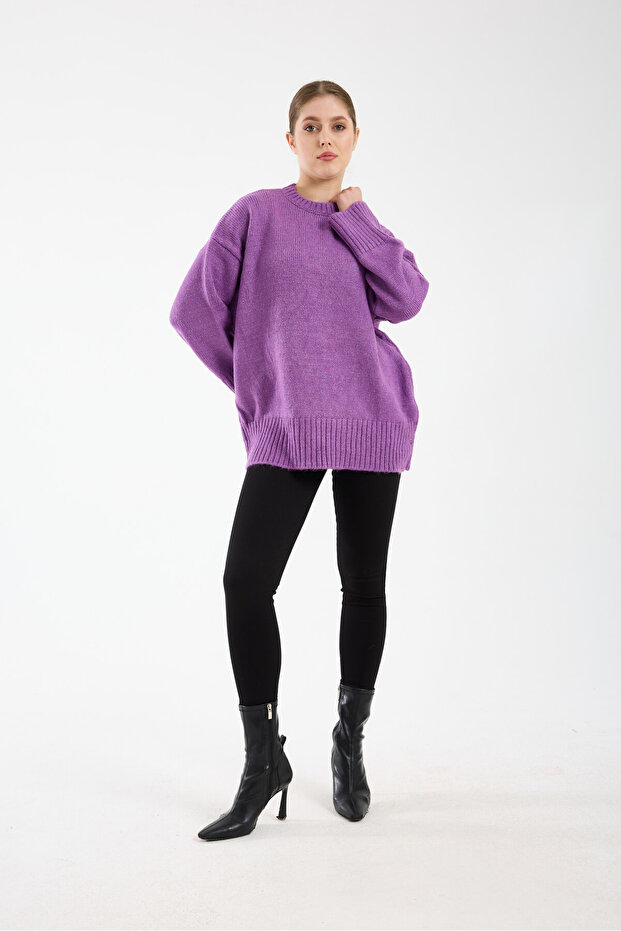 Oversize Basic Açık Mor Uzun Kadın Kazak - 4