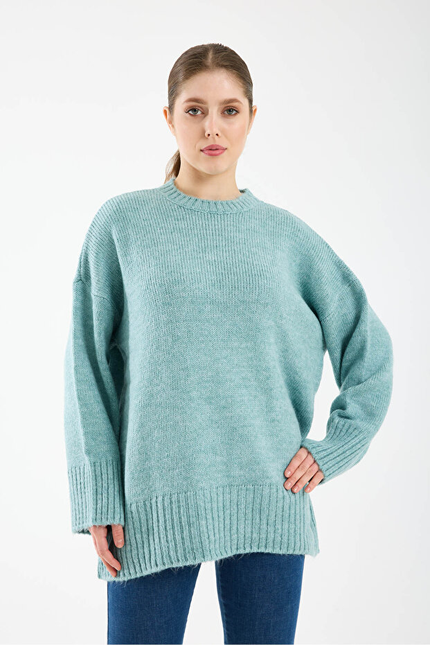 Oversize Basic Mint Uzun Kadın Kazak - 1